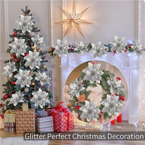 15 PCS Silver Poinsettia Flower Artificial Poinsettia with Clips Christmas Decor - Picture 6 of 7